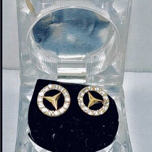 10K Solid Yellow Gold 0.5" Round Mercedes Benz CZ Stud Earring.
